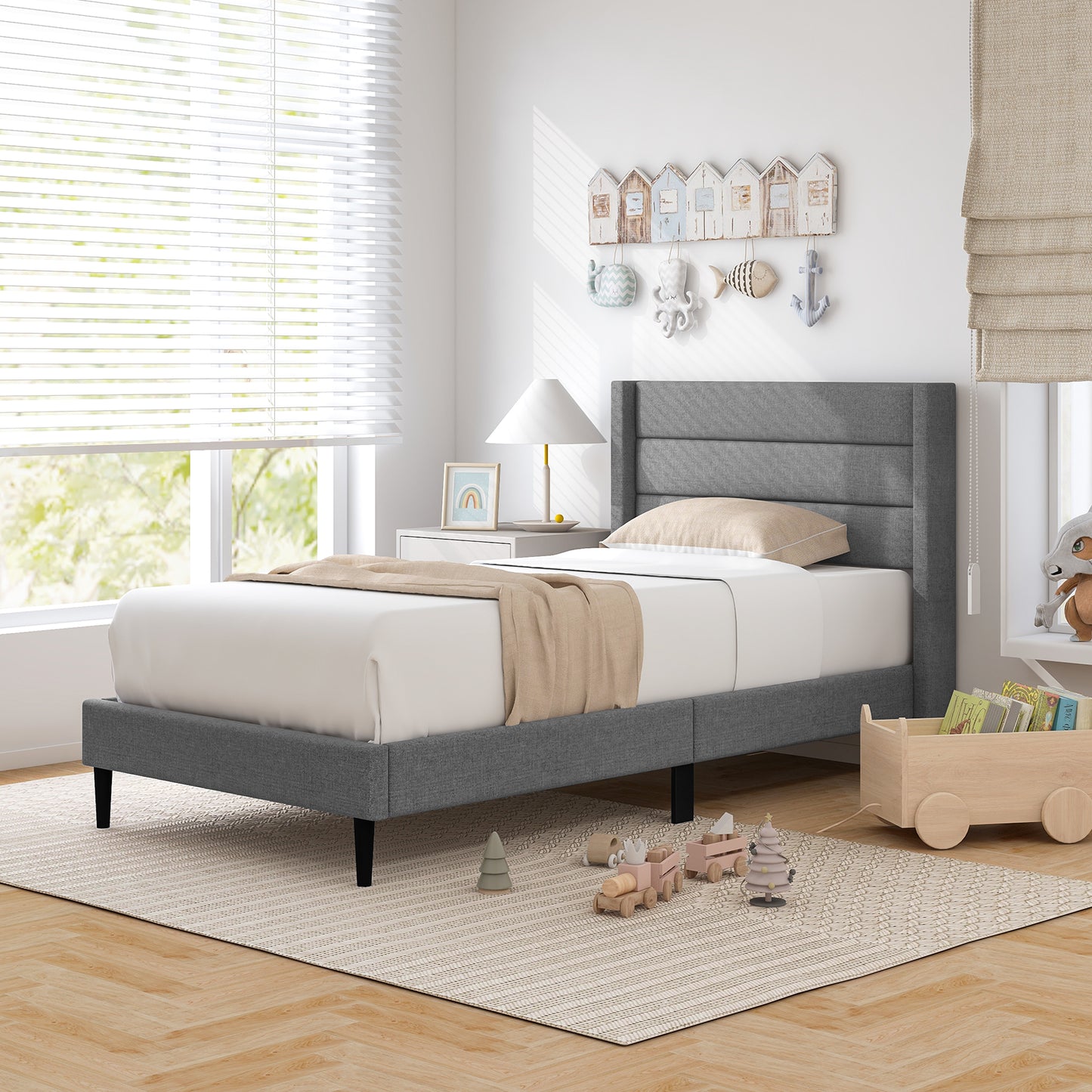 Linen Upholstered Platform Twin/Queen Bed Frame with Wingback Headboard-Twin Size