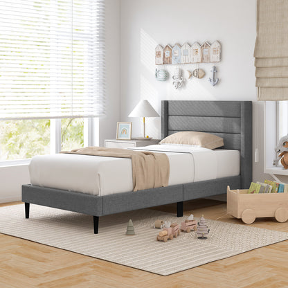Linen Upholstered Platform Twin/Queen Bed Frame with Wingback Headboard-Twin Size