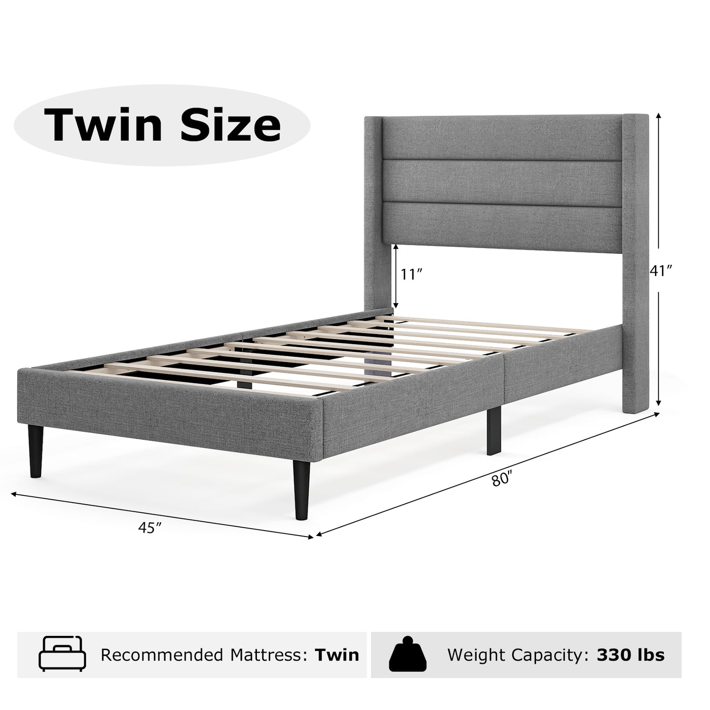 Linen Upholstered Platform Twin/Queen Bed Frame with Wingback Headboard-Twin Size