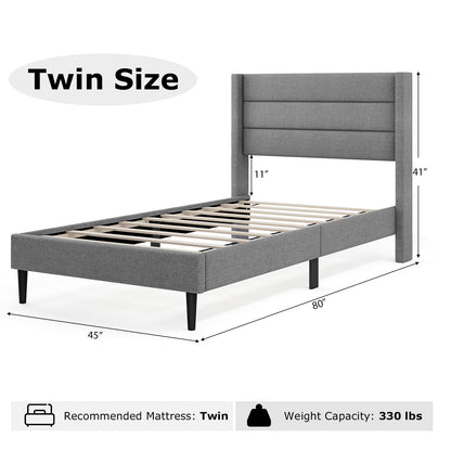 Linen Upholstered Platform Twin/Queen Bed Frame with Wingback Headboard-Twin Size