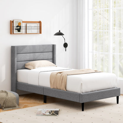 Linen Upholstered Platform Twin/Queen Bed Frame with Wingback Headboard-Twin Size
