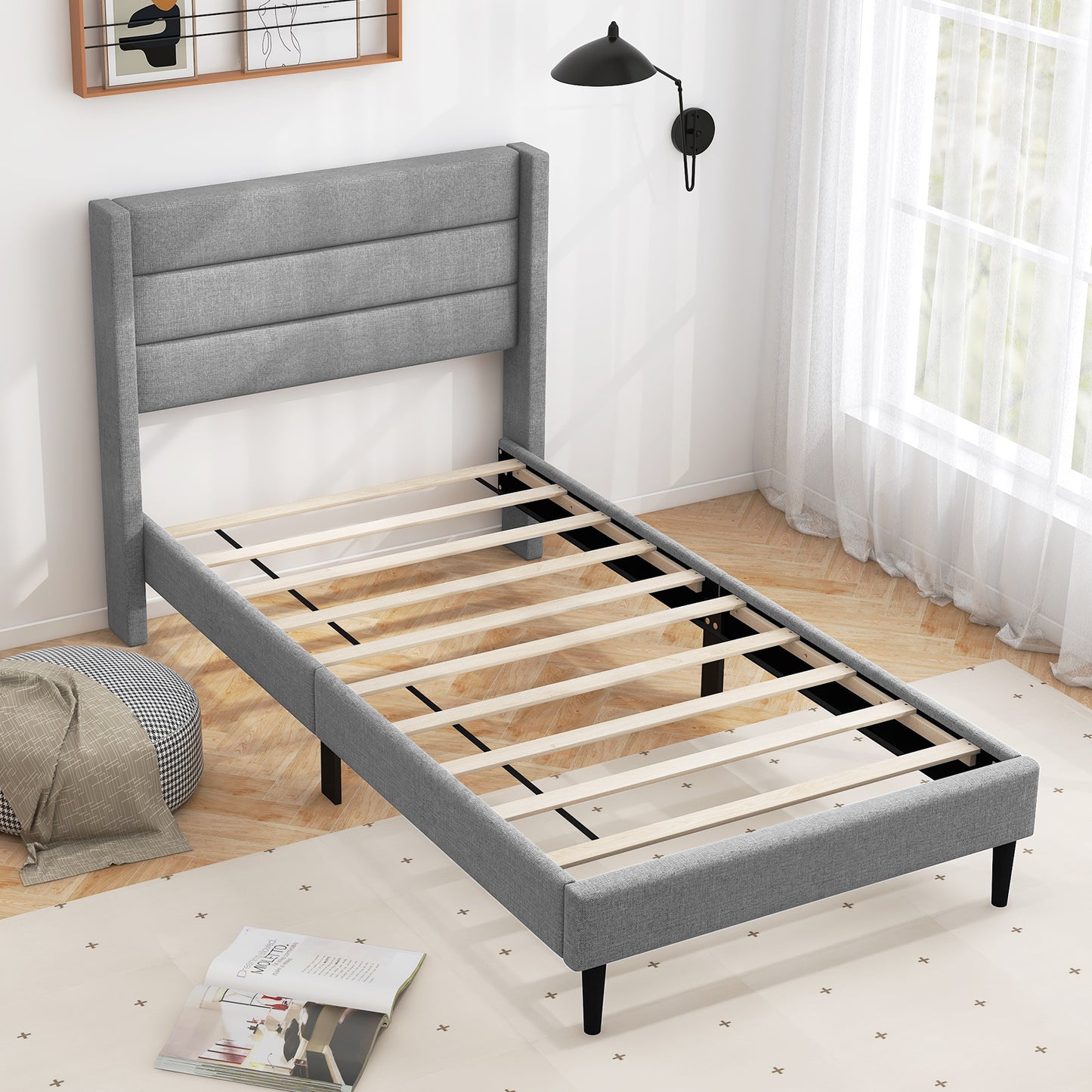 Linen Upholstered Platform Twin/Queen Bed Frame with Wingback Headboard-Twin Size