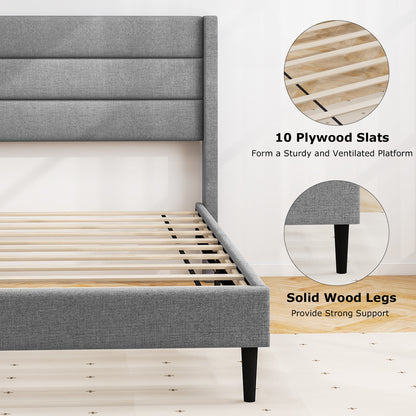 Linen Upholstered Platform Twin/Queen Bed Frame with Wingback Headboard-Twin Size