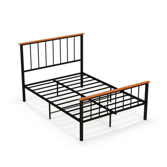 Full size bed frame with headboard and footboard from Wilsons Home Store, showcasing a simple, dark wood design in a bedroom setting.