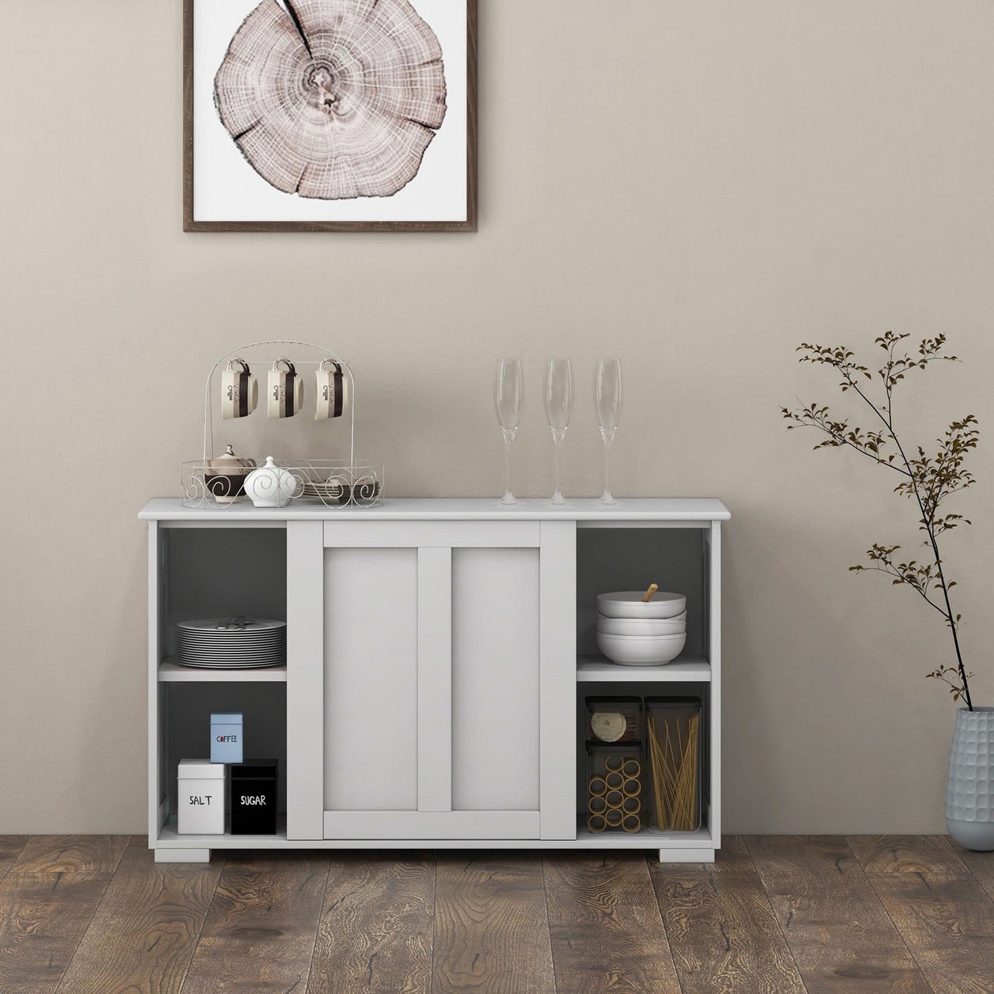 Kitchen Storage Cupboard Cabinet with Sliding Door-Black