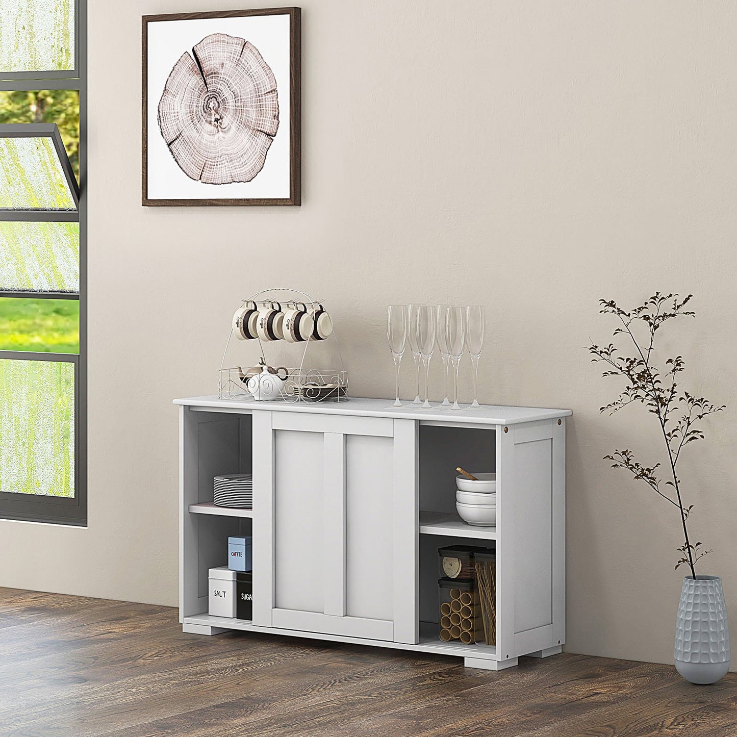Kitchen Storage Cupboard Cabinet with Sliding Door-Black