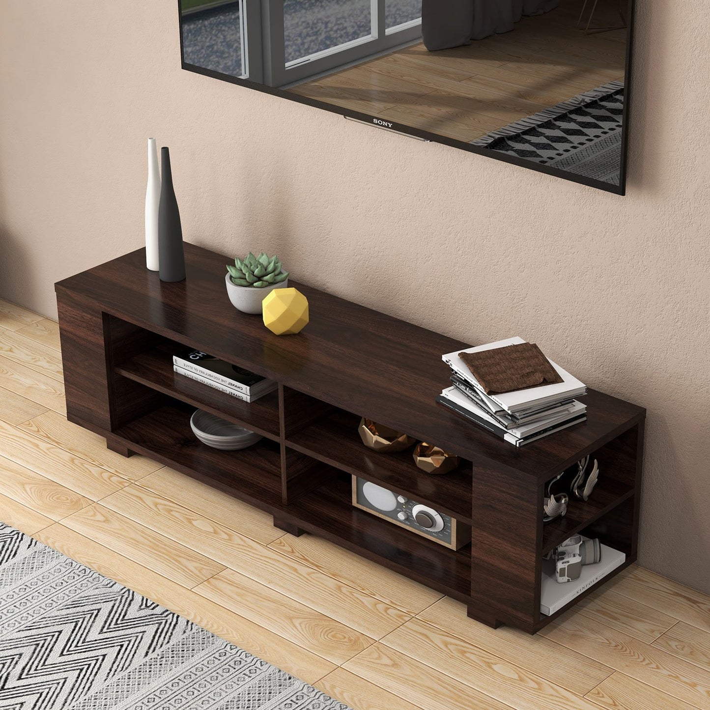 59 Inch Console Storage Entertainment Media Wood TV Stand-Black