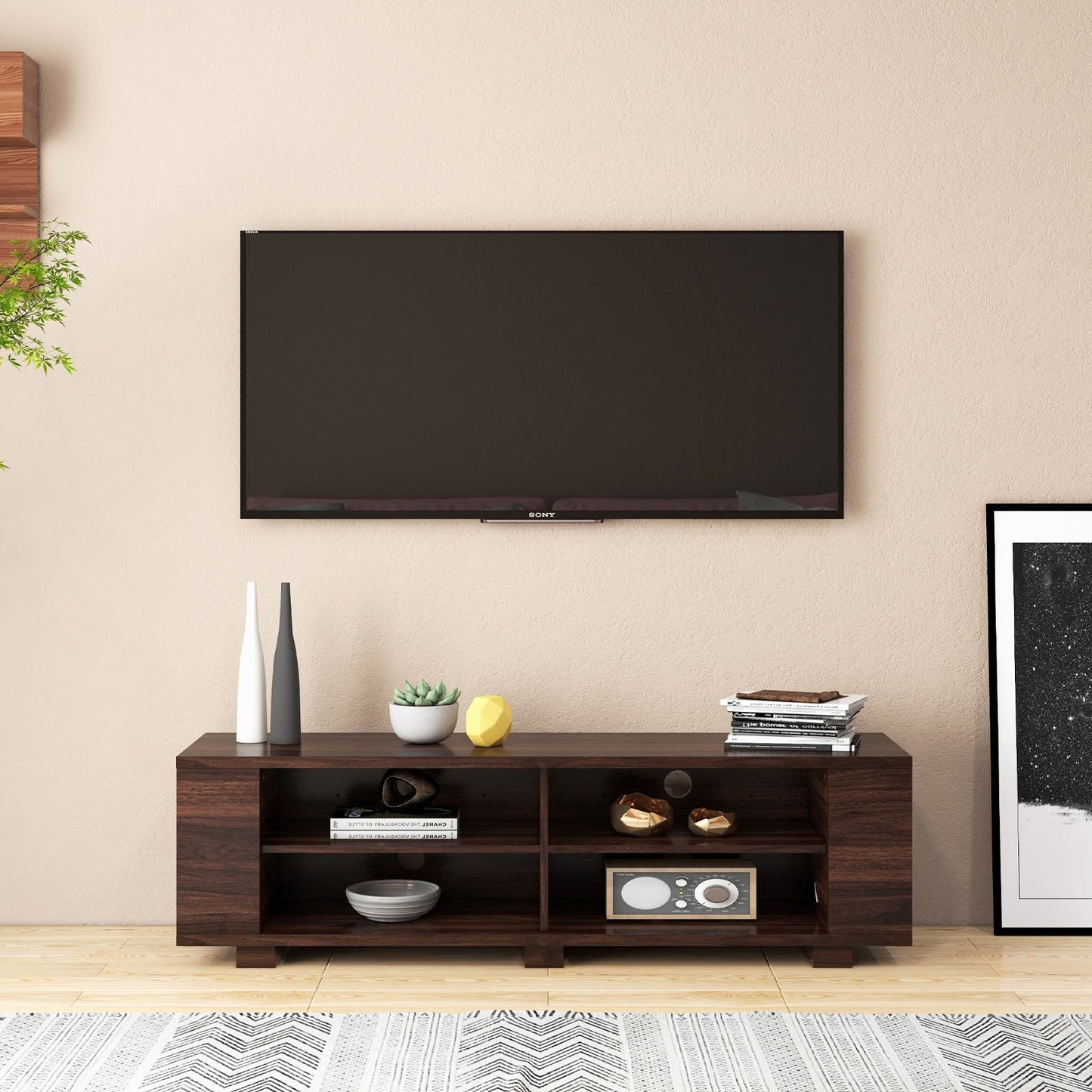 59 Inch Console Storage Entertainment Media Wood TV Stand-Black