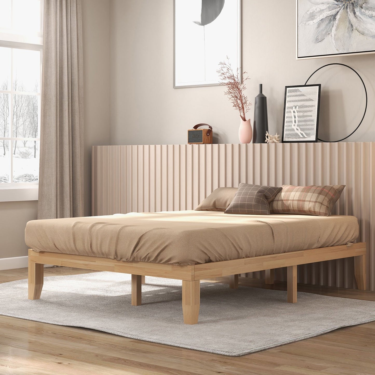 Queen Size 14 Inch Wooden Bed Mattress Frame-Brown