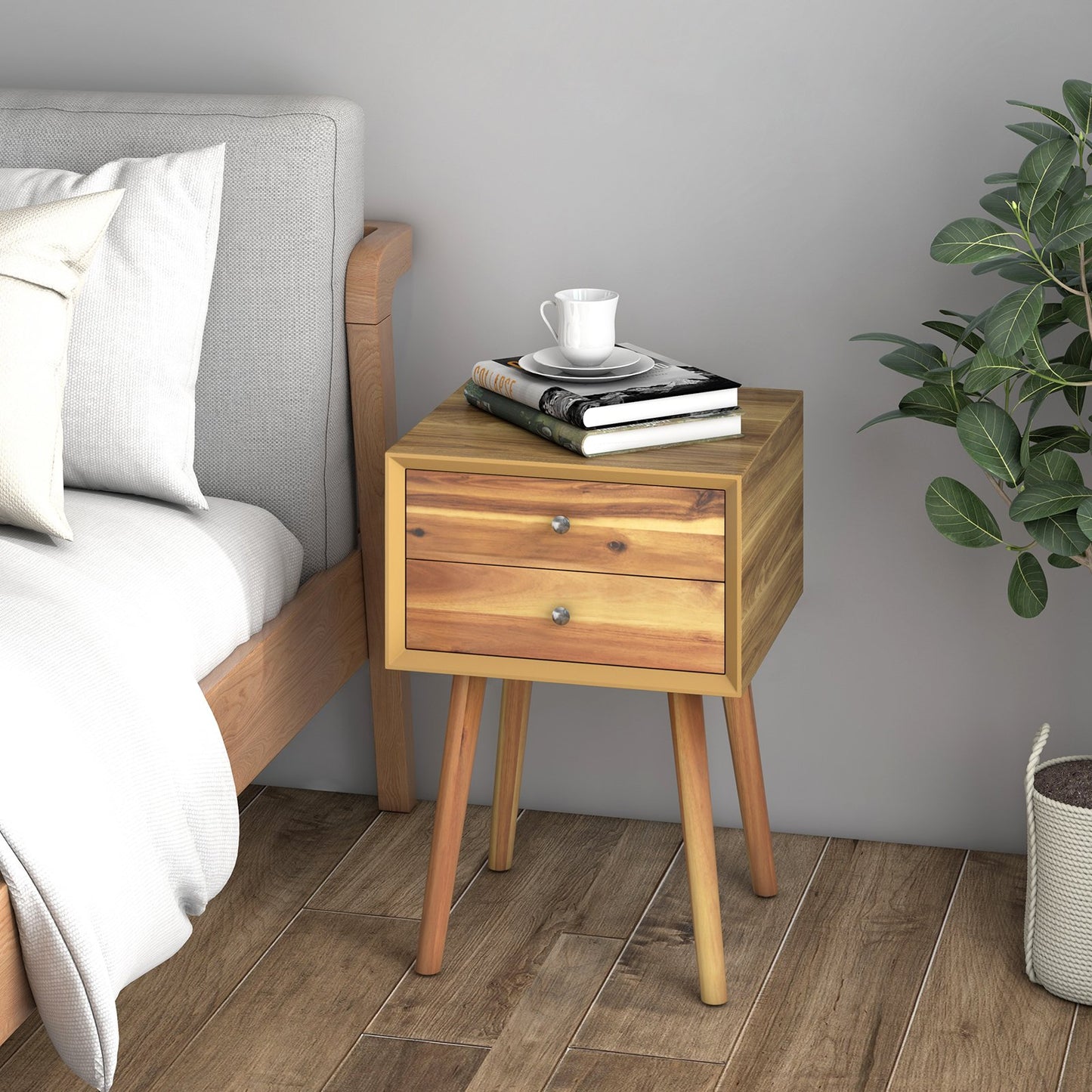 Mid-Century Wooden Multipurpose End Table with 2 Storage Drawers-Black