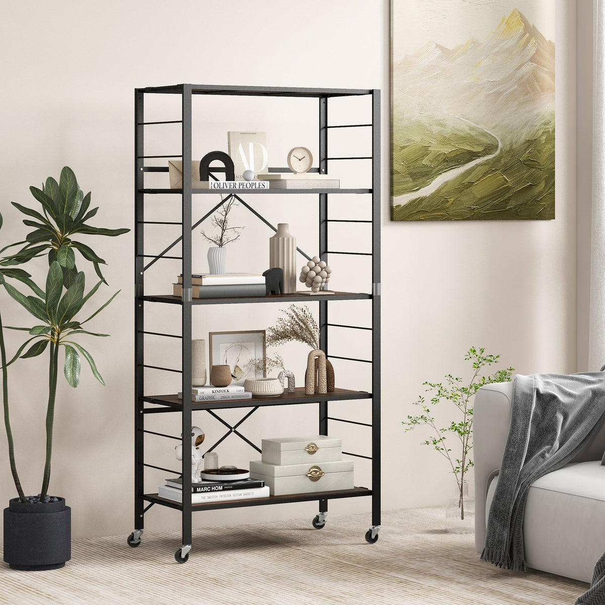 5-Tier Foldable Shelving Unit with Detachable Wheels and Anti-Toppling ...
