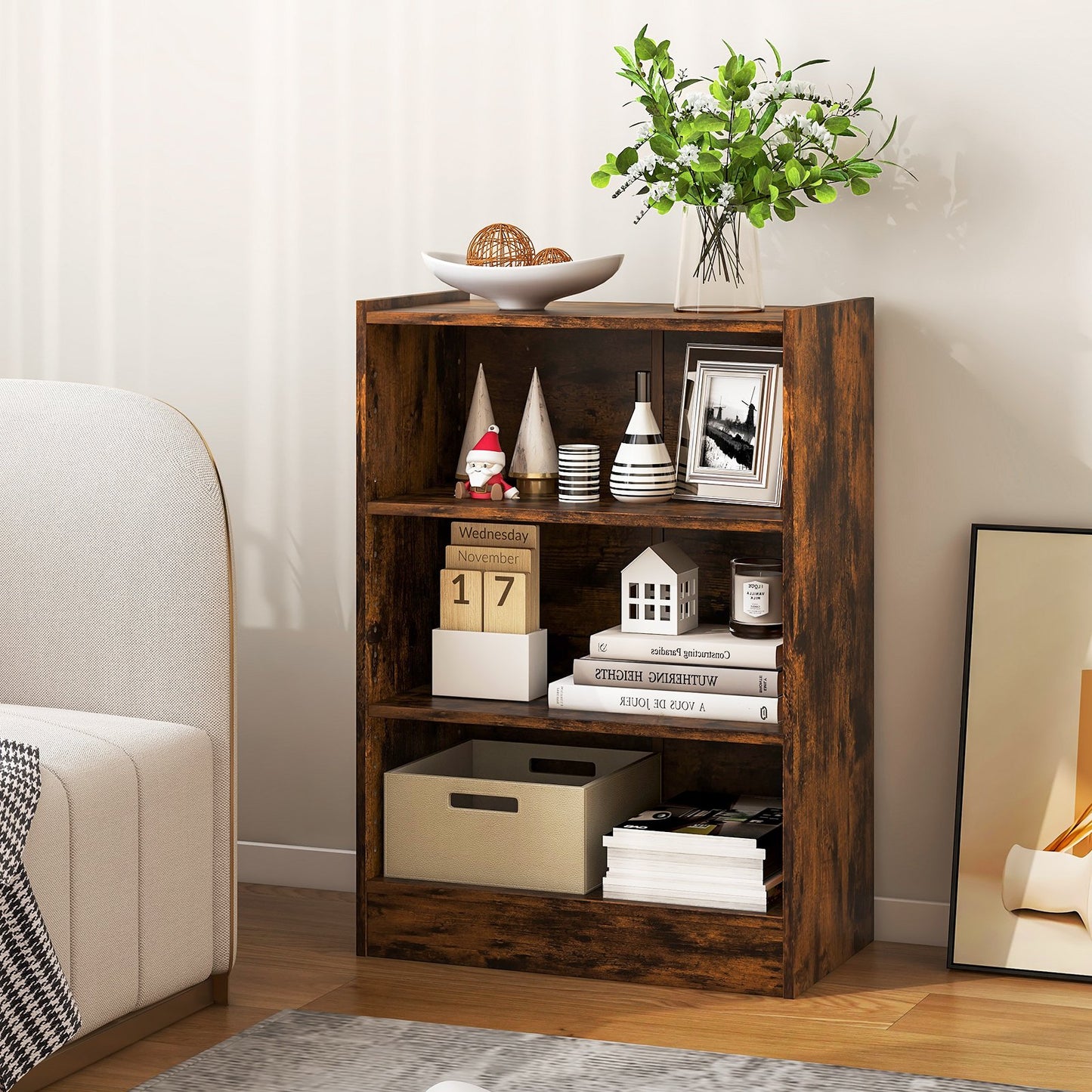 3-Tier Bookcase Open Display Rack Cabinet with Adjustable Shelves-Black