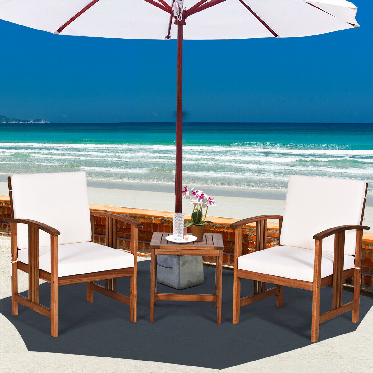 3 Pcs Solid Wood Outdoor Patio Sofa Furniture Set-Gray