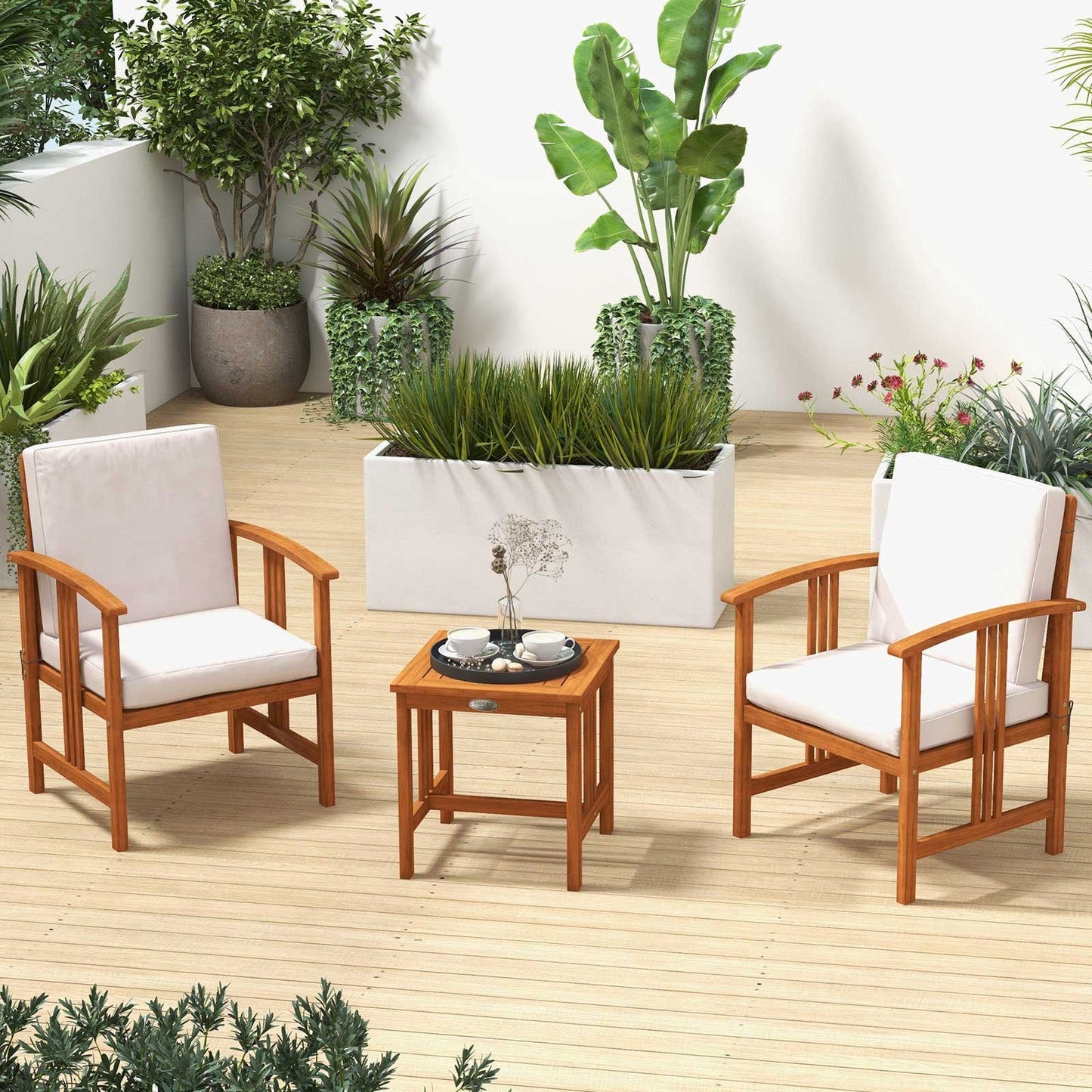 3 Pcs Solid Wood Outdoor Patio Sofa Furniture Set-Gray
