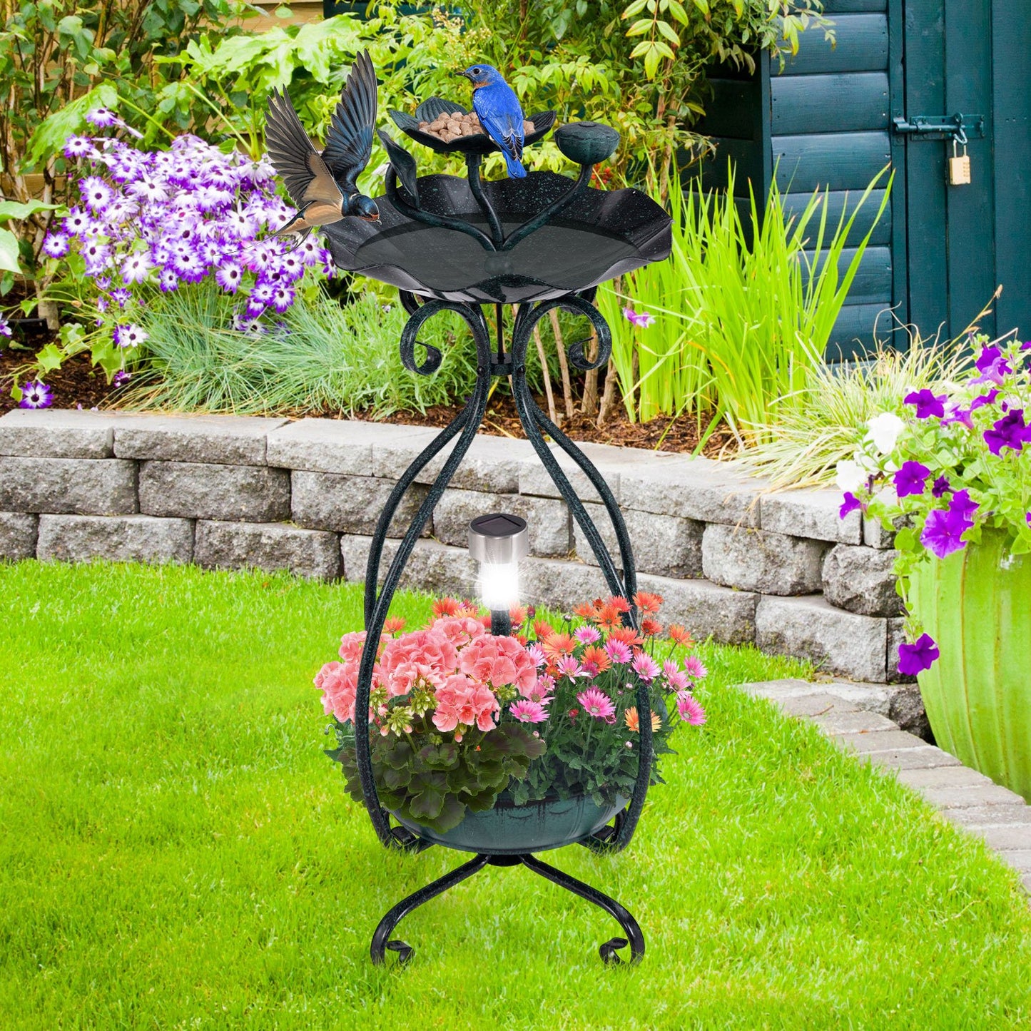 Solar Outdoor Bird Bath Feeder Combo with Flower Planter Pedestal and Solar Lights-Bronze