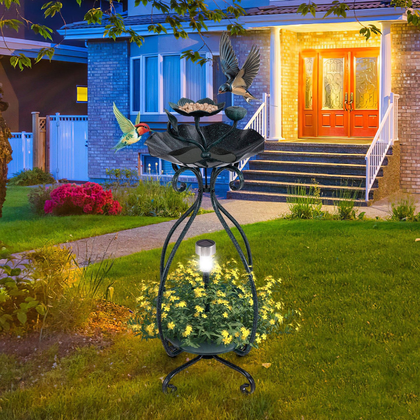 Solar Outdoor Bird Bath Feeder Combo with Flower Planter Pedestal and Solar Lights-Bronze