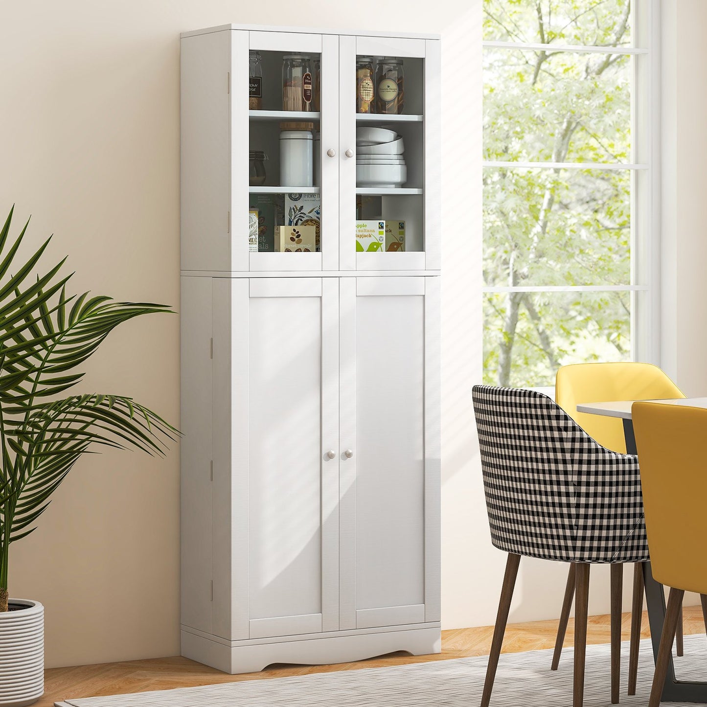Tall Kitchen Pantry Cabinet with Dual Tempered Glass Doors and Shelves-Black