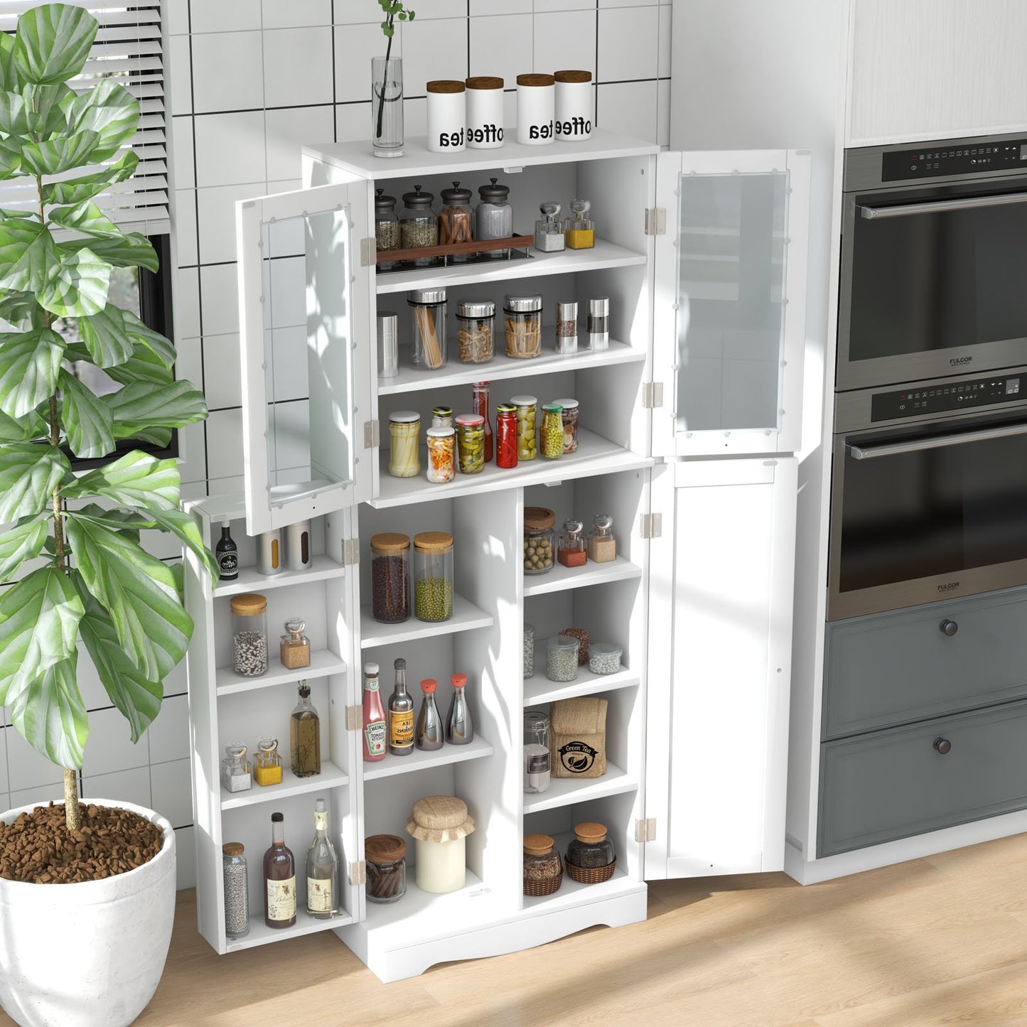 Tall Kitchen Pantry Cabinet with Dual Tempered Glass Doors and Shelves-Black