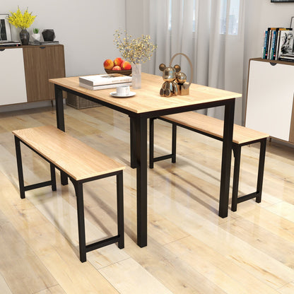3 Pieces Dining Table Set with 2 Benches for Dining Room Kitchen Bar-Brown