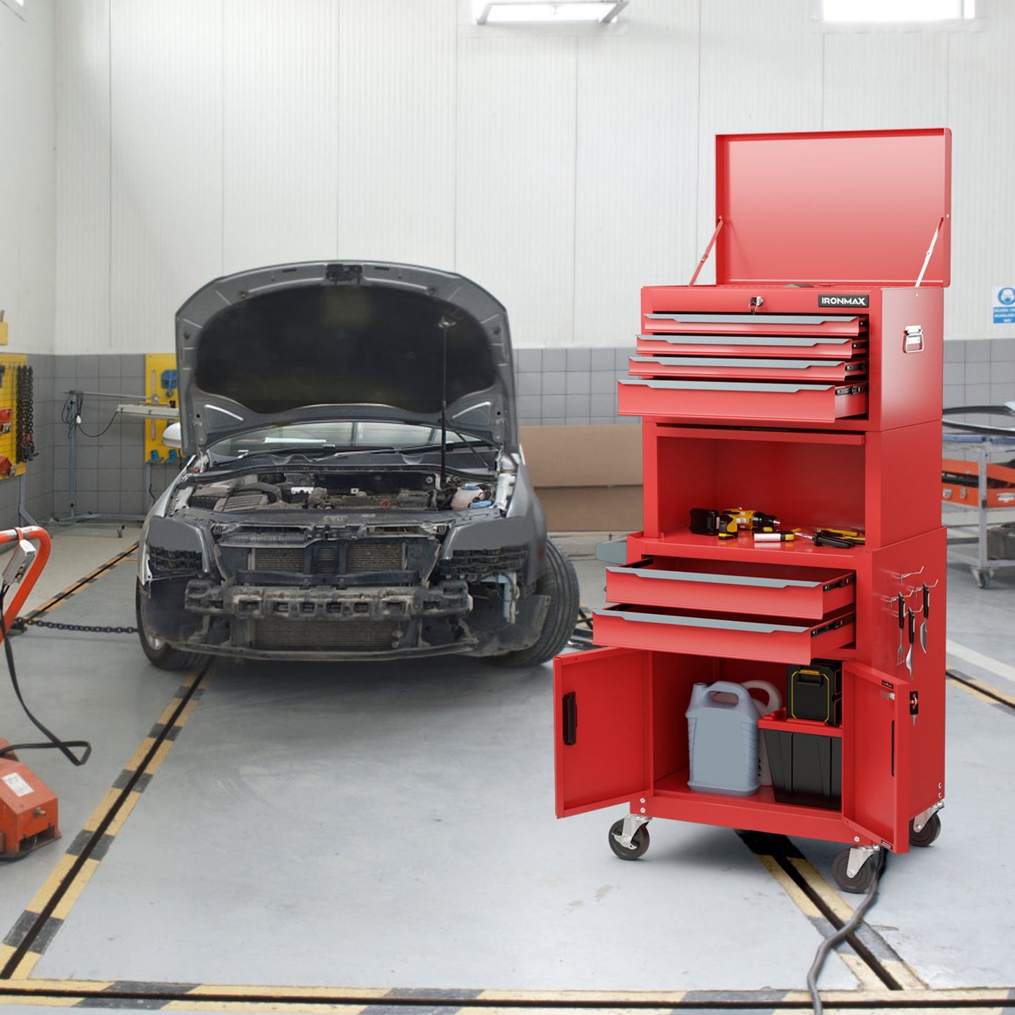 3-in-1 6-Drawer Rolling Tool Chest Storage Cabinet with Universal Wheels and Hooks-Black