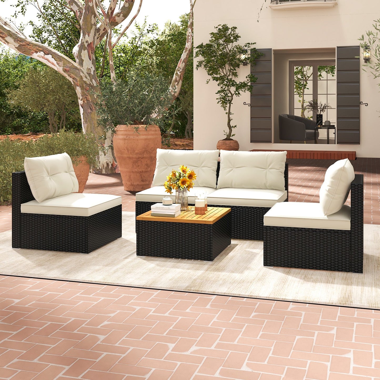 5 Piece Outdoor Furniture Set with Solid Tabletop and Soft Cushions-Black