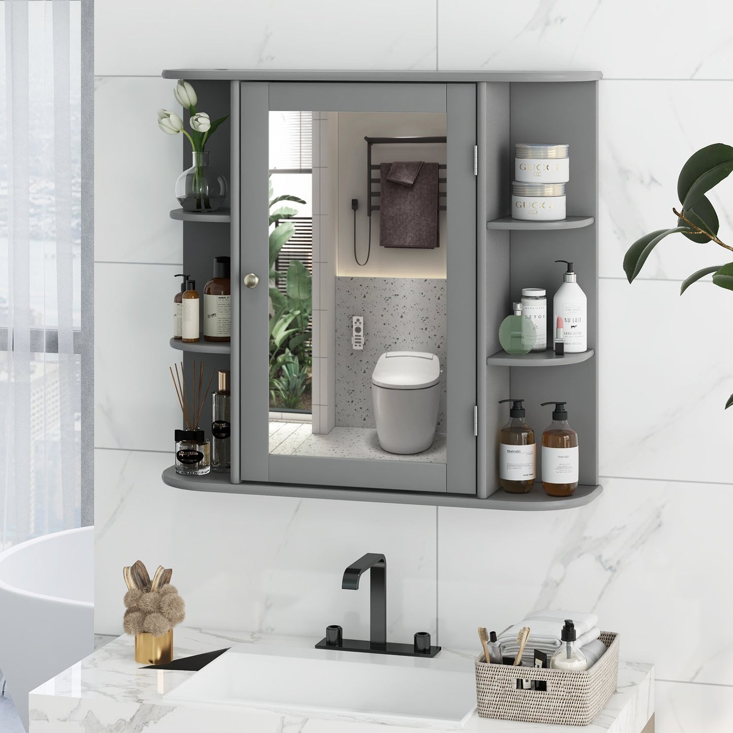 Wall-Mounted Bathroom Mirror Cabinet with Storage Shelves-Black