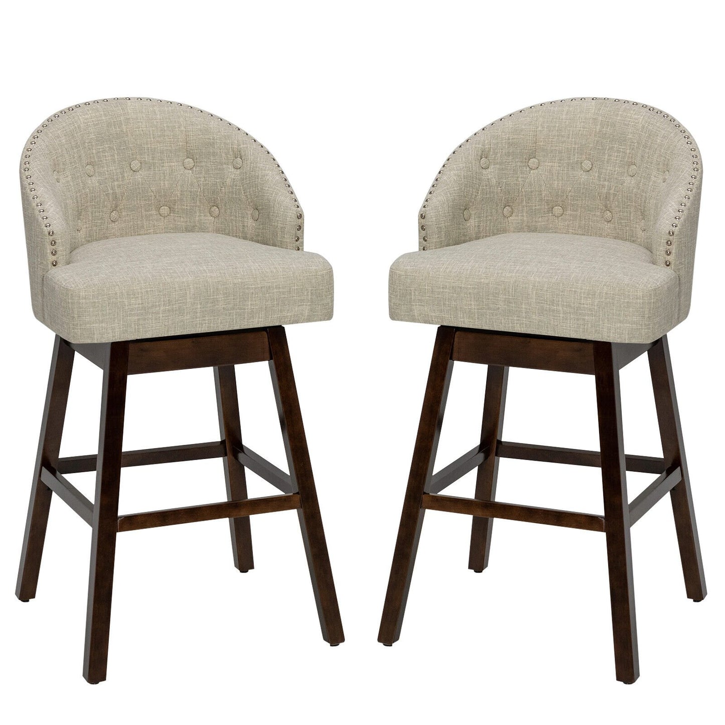 Set of 2 Swivel Bar Stools Tufted Bar Height Pub Chairs with Rubber Wood Legs-Beige