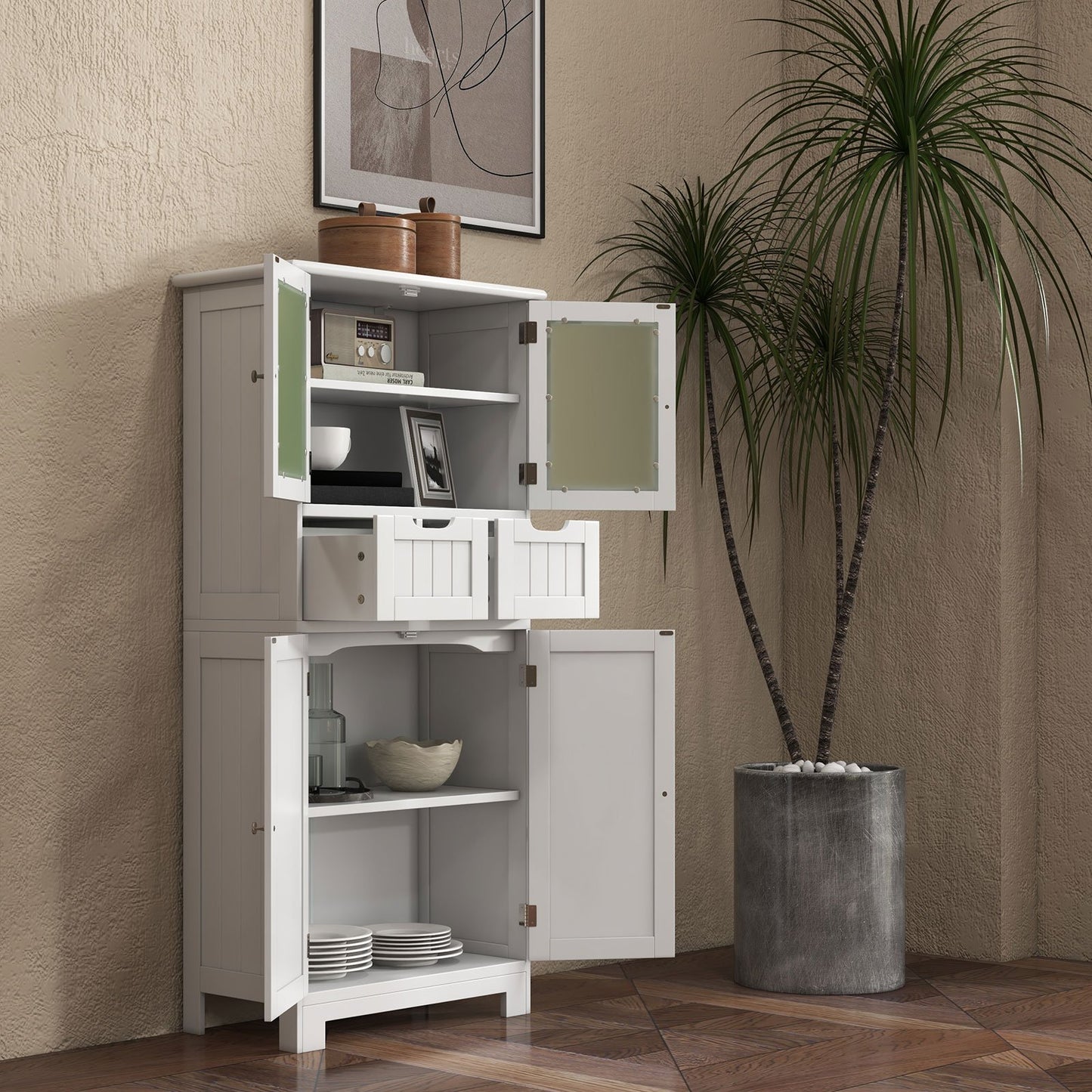 6-Tier Freestanding Bathroom Cabinet with 2 Open Compartments and Adjustable Shelves-Black