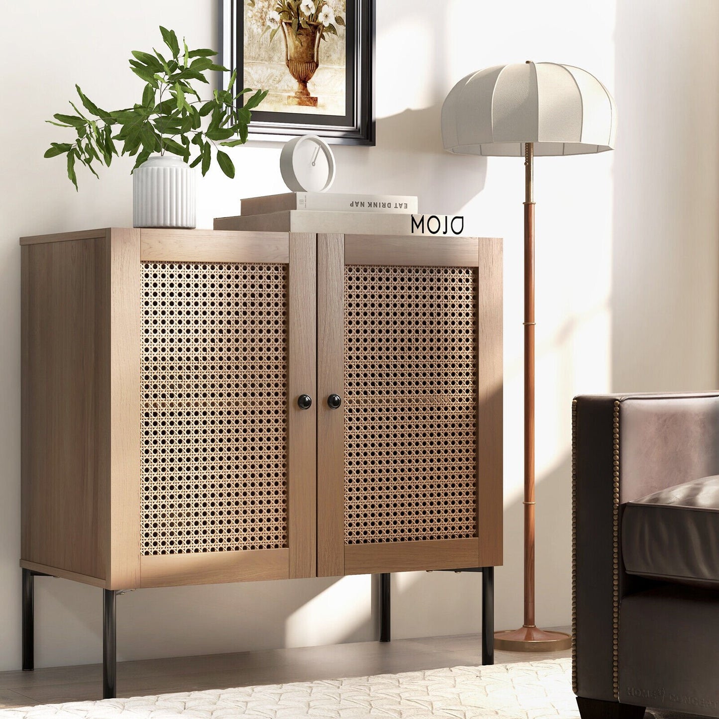 Kitchen Sideboard with 2 Rattan Doors and Adjustable Shelf-Natural