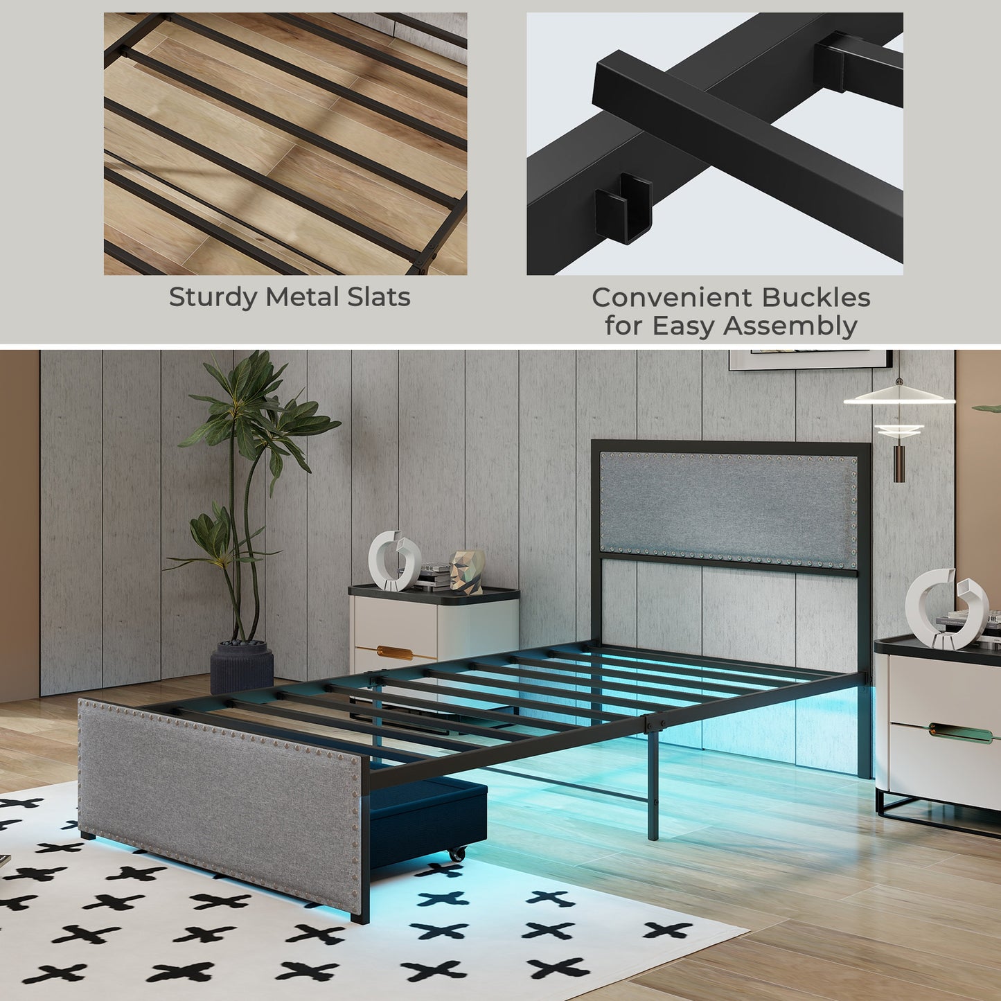 Full/Queen/Twin Size Bed Frame with LED Lights Drawer and Metal Slats-Twin Size