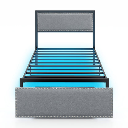 Full/Queen/Twin Size Bed Frame with LED Lights Drawer and Metal Slats-Twin Size