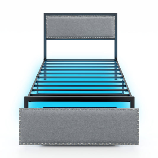 Upholstered twin size bed frame with LED lights, built-in drawer, and metal slats, designed for modern bedroom decor.