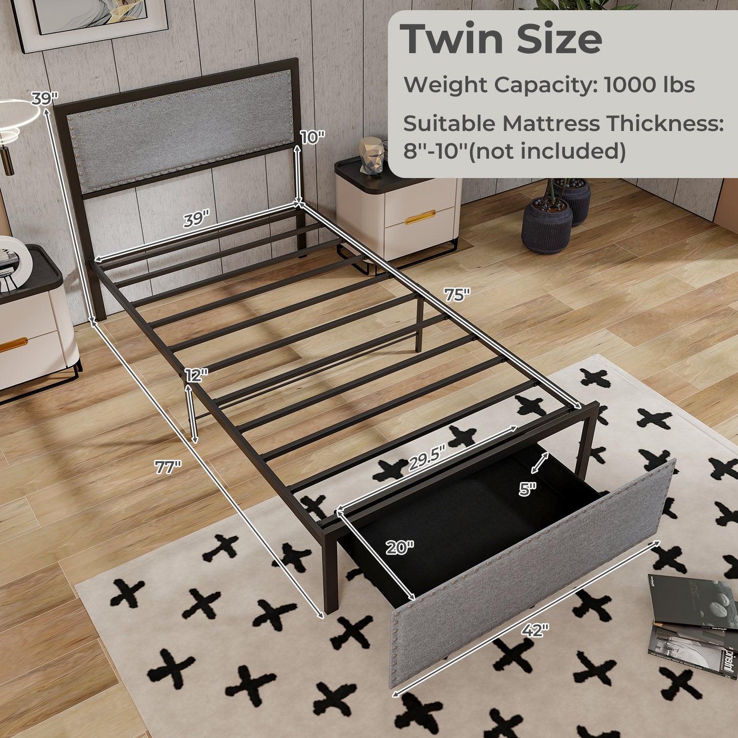 Full/Queen/Twin Size Bed Frame with LED Lights Drawer and Metal Slats-Twin Size