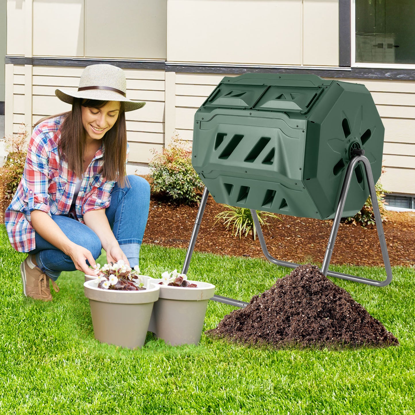 360° Rotatable Tumbling Composter with 2 Sliding Doors-Black