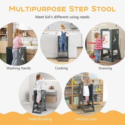 Toddler Kitchen Stool Helper Baby Standing Tower with Chalkboard and Whiteboard-Gray