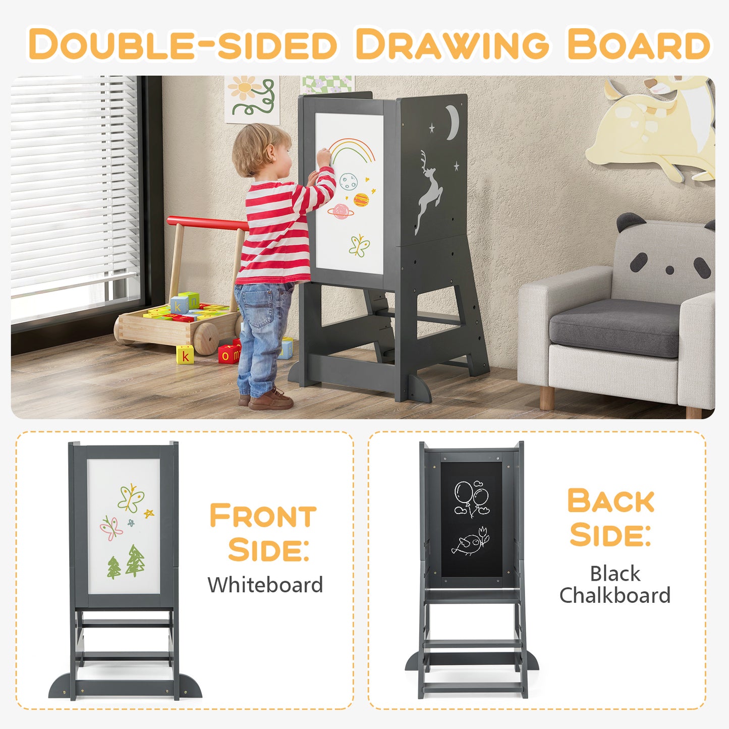 Toddler Kitchen Stool Helper Baby Standing Tower with Chalkboard and Whiteboard-Gray