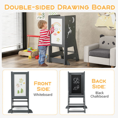 Toddler Kitchen Stool Helper Baby Standing Tower with Chalkboard and Whiteboard-Gray
