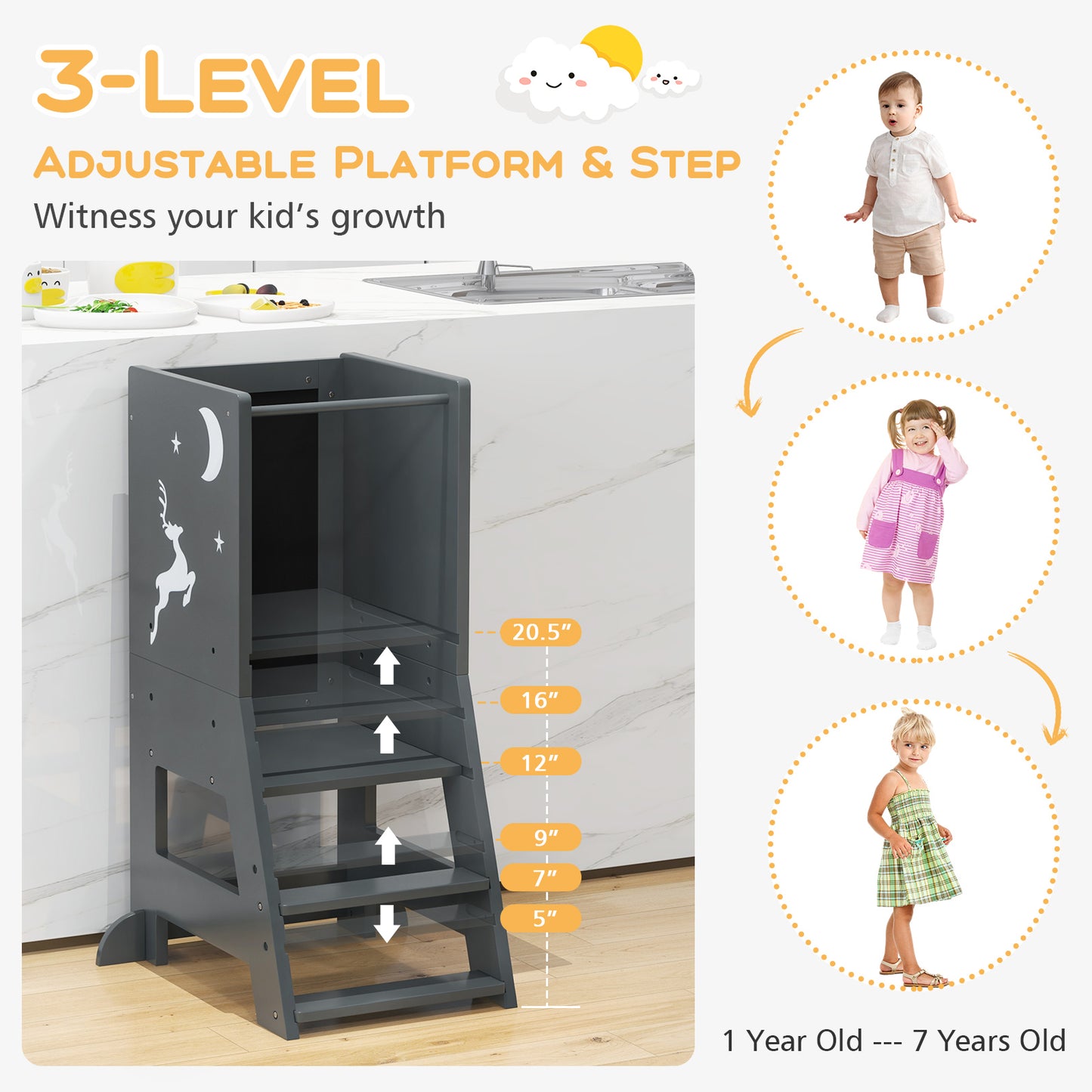 Toddler Kitchen Stool Helper Baby Standing Tower with Chalkboard and Whiteboard-Gray
