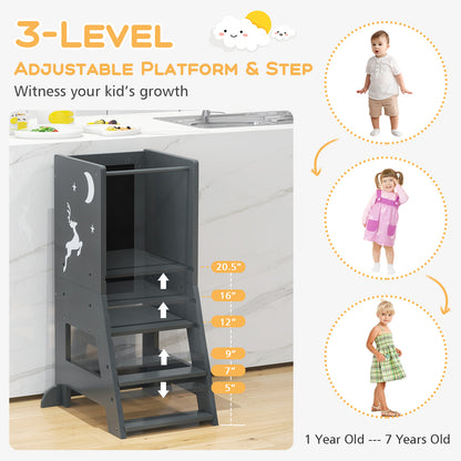 Toddler Kitchen Stool Helper Baby Standing Tower with Chalkboard and Whiteboard-Gray