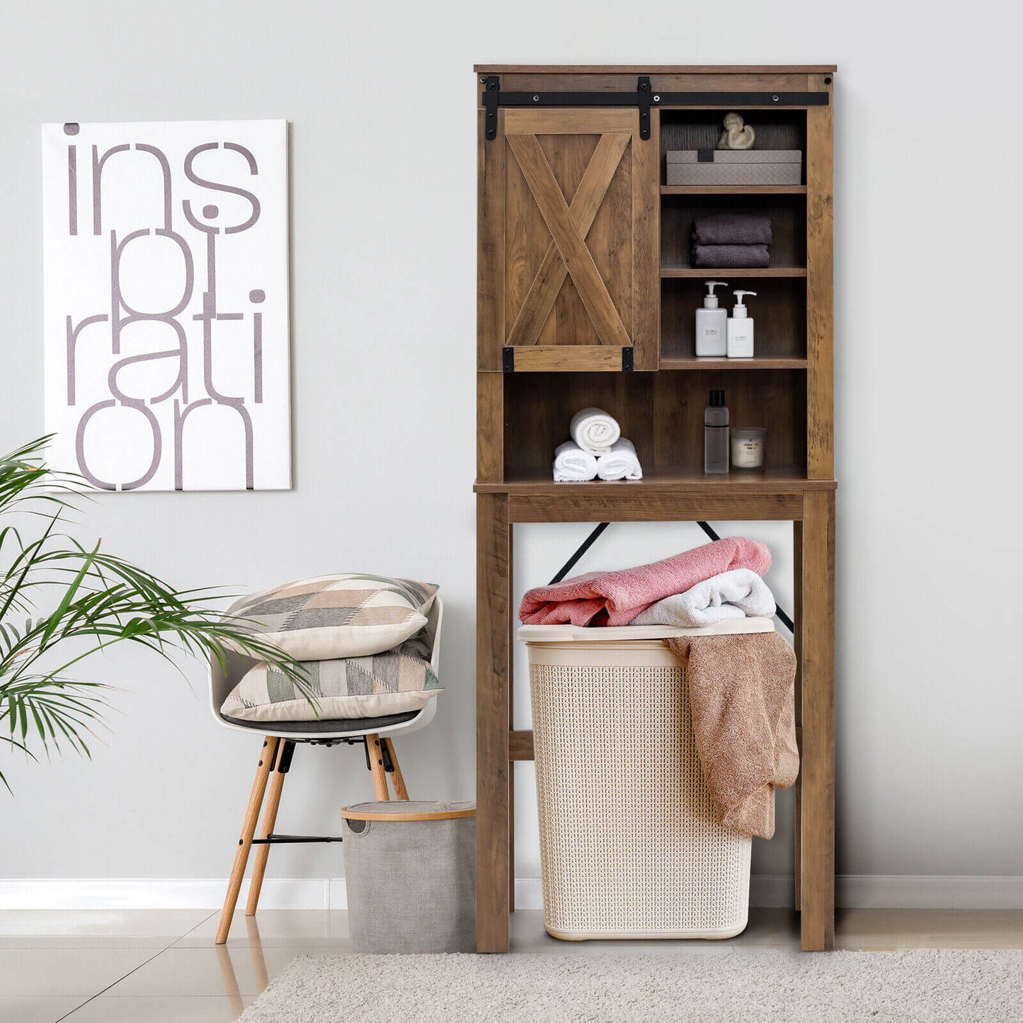 Bathroom Storage Cabinet with Sliding Barn Door and 3-level Adjustable Shelves-Rustic Brown