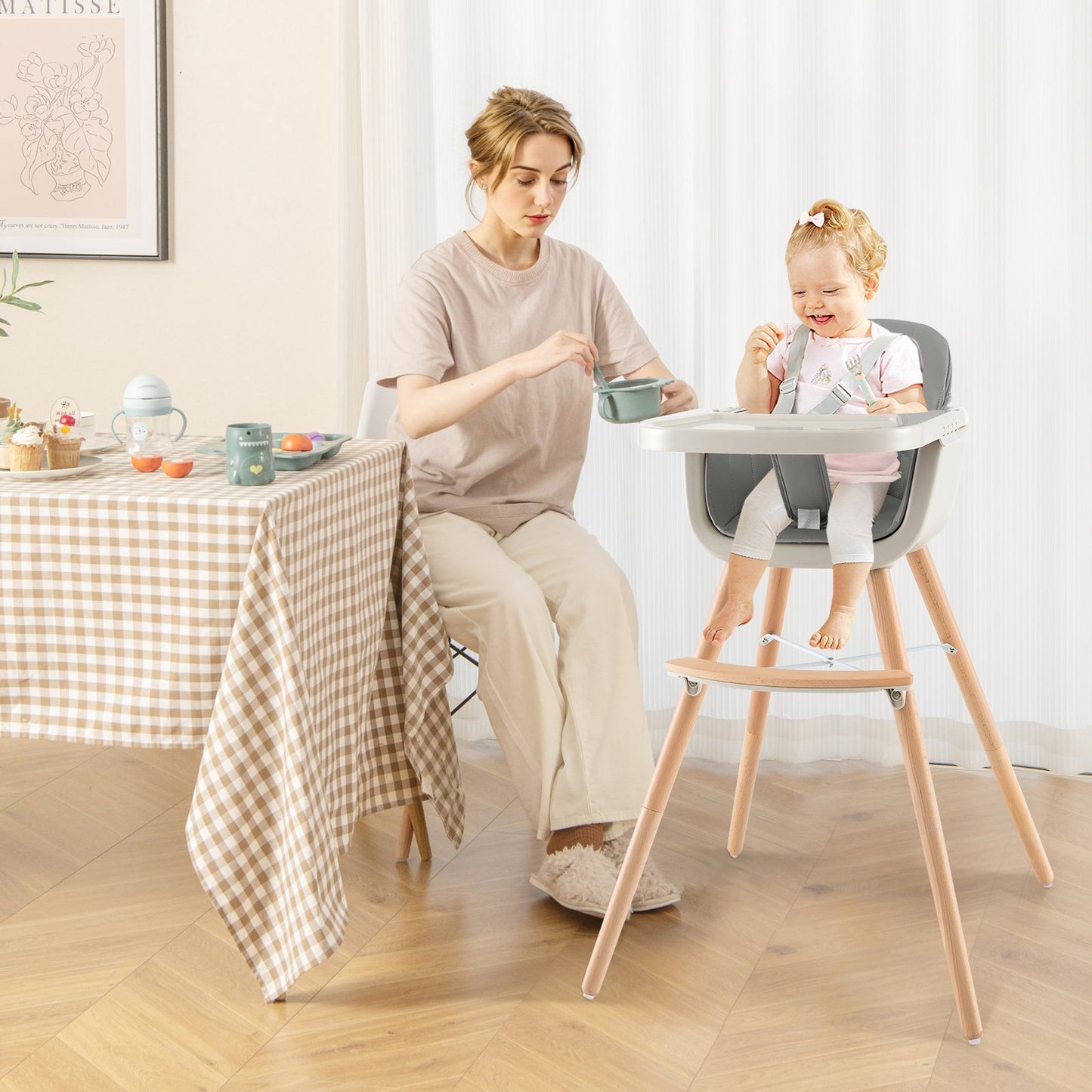 3-in-1 Convertible Wooden High Chair with Cushion-Beige