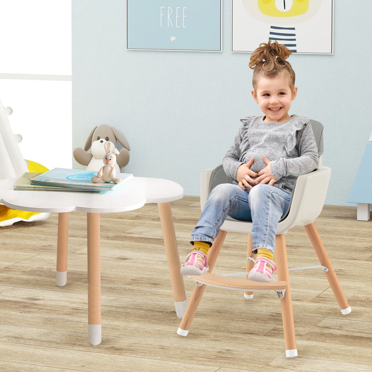 3-in-1 Convertible Wooden High Chair with Cushion-Beige