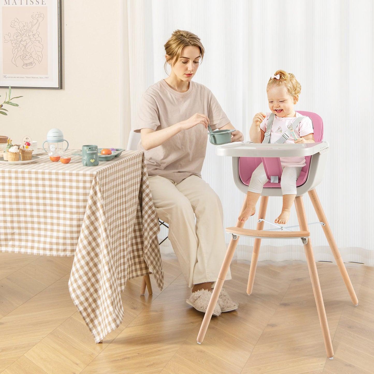 3-in-1 Convertible Wooden High Chair with Cushion-Beige