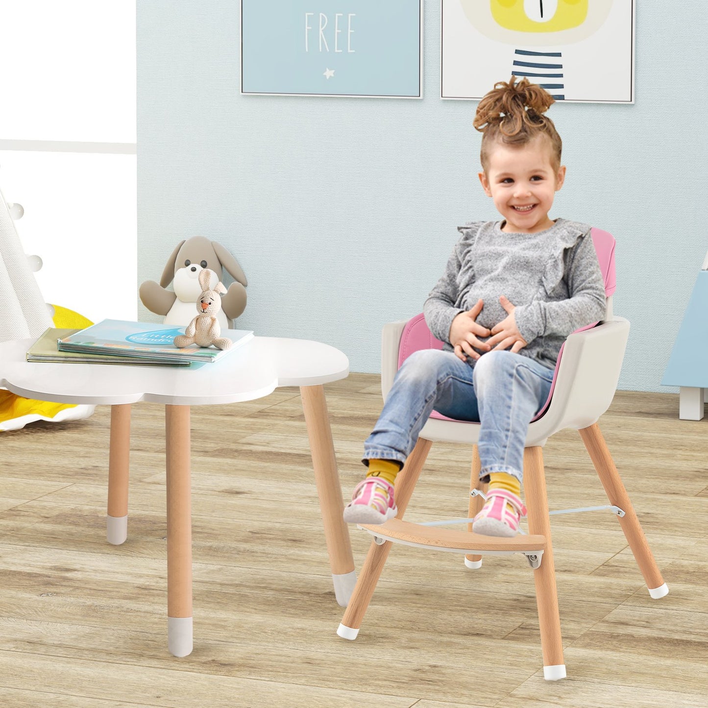 3-in-1 Convertible Wooden High Chair with Cushion-Beige