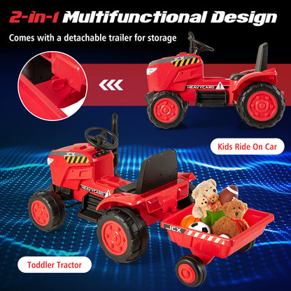 12V Kids Ride On Tractor with Trailer and Remote Control-Red