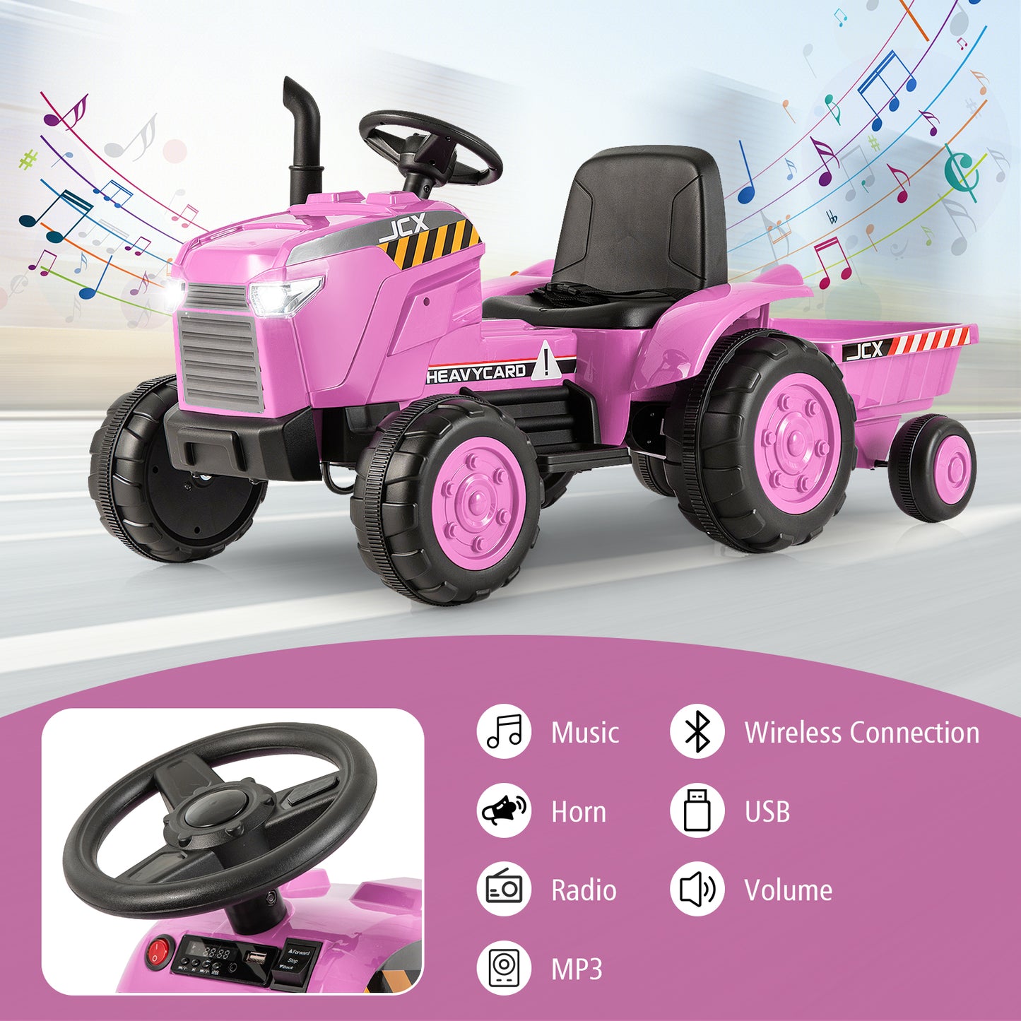 12V Kids Ride On Tractor with Trailer and Remote Control-Pink