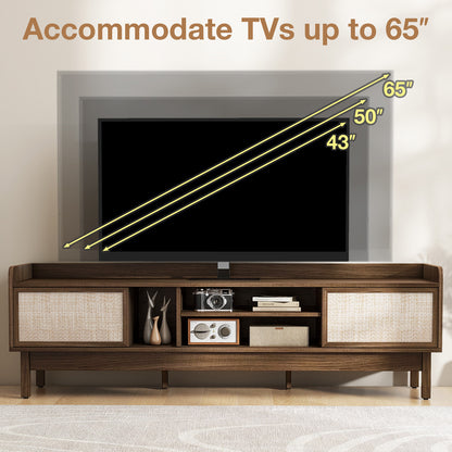 Sliding Door TV Stand for 65 Inch TV with Woven Doors-Walnut