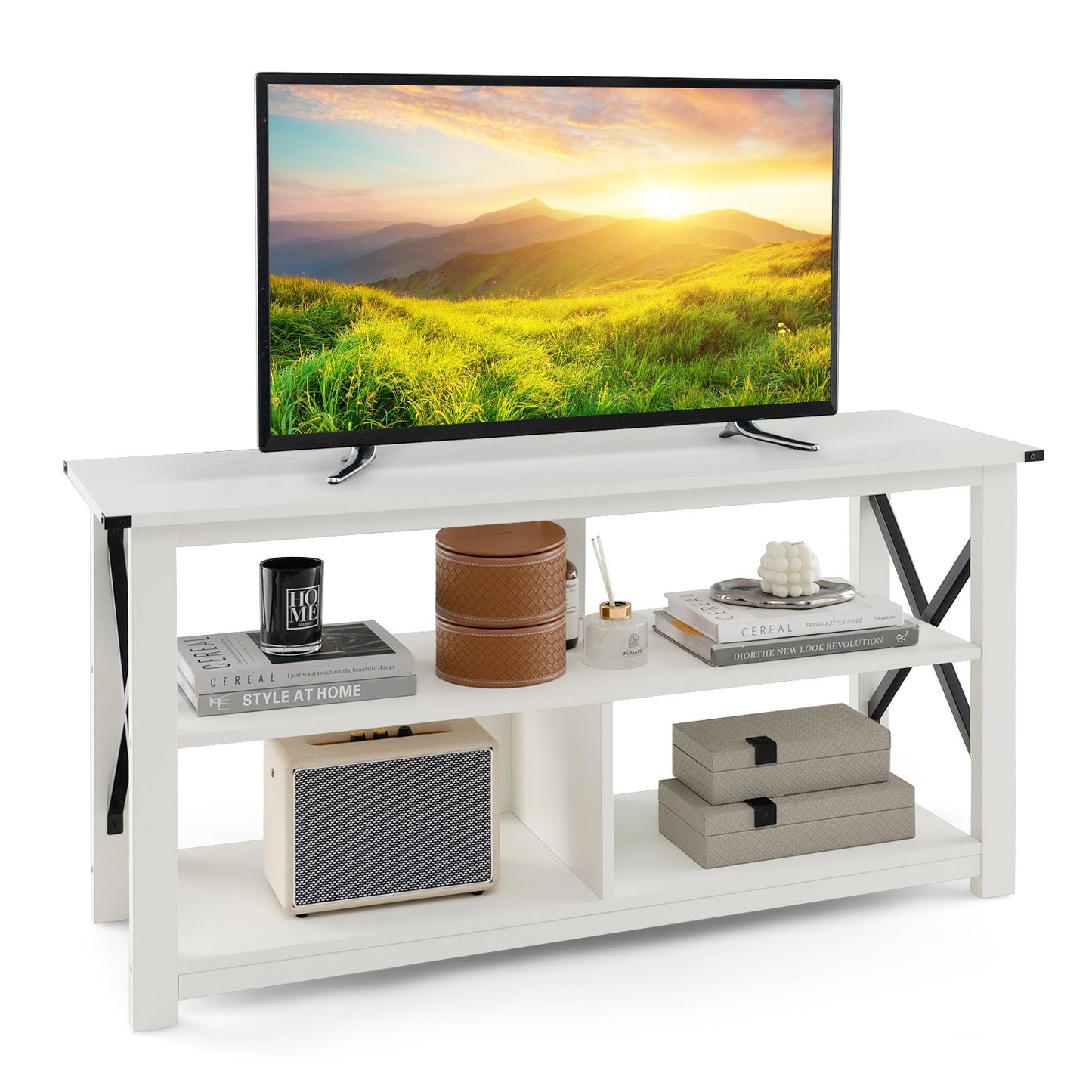 3 Tier Wood TV Stand for 55-Inch with Open Shelves and X-Shaped Frame-Black