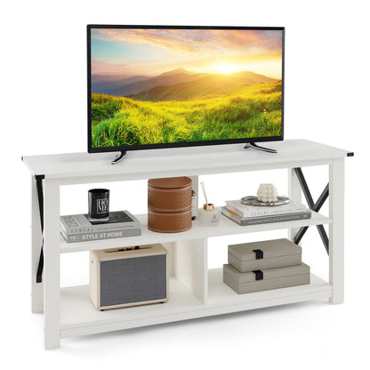 3 Tier Wood TV Stand for 55-Inch with Open Shelves and X-Shaped Frame-Black