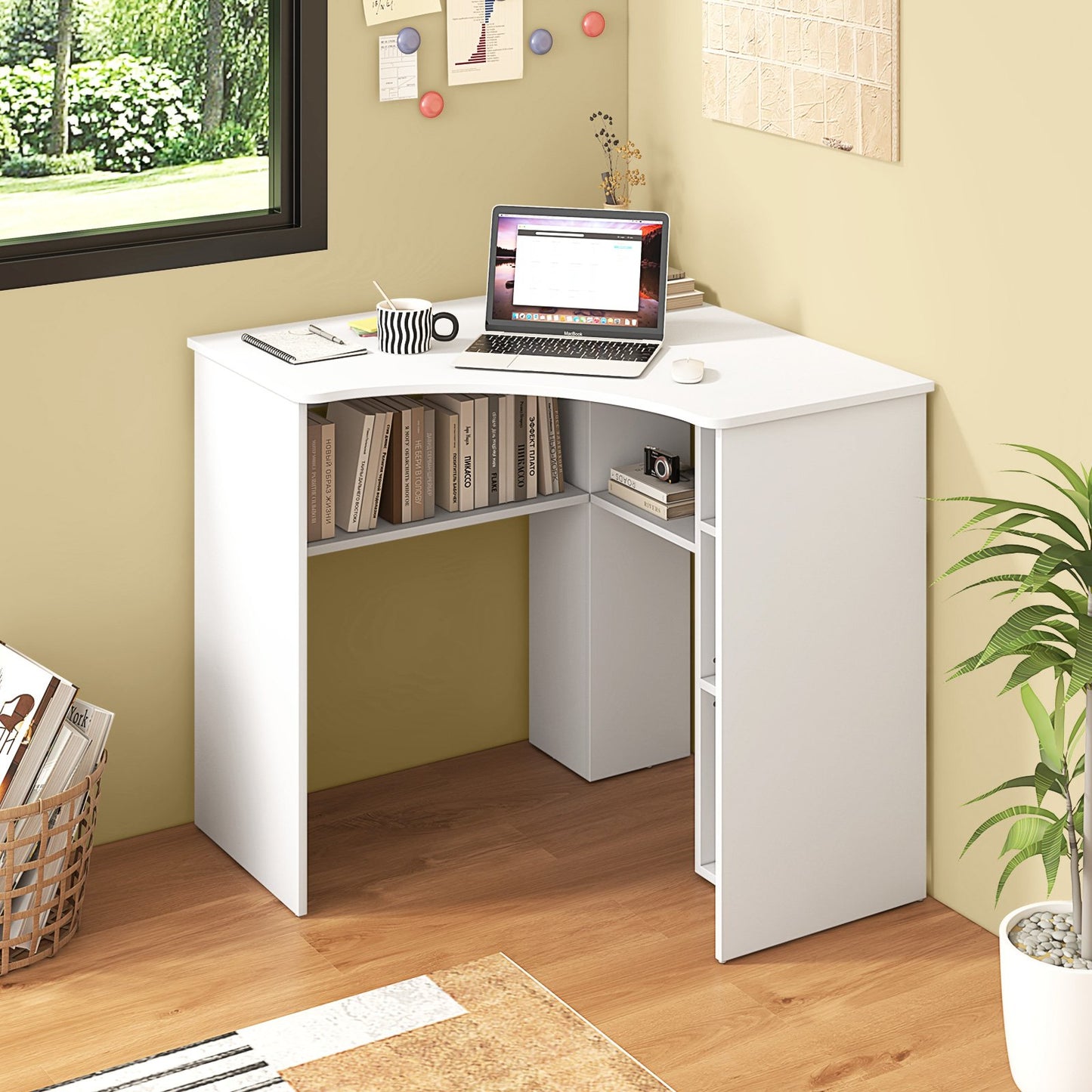 Corner Computer Desk Triangle Home Office Desk with Adjustable Shelf and Arc-Shaped Profile-Natural
